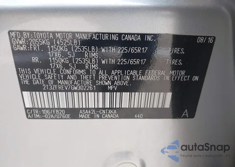 2016 Toyota Rav4 Le z USA, uszkodzony, nr VIN 2T3ZFREV7GW302261